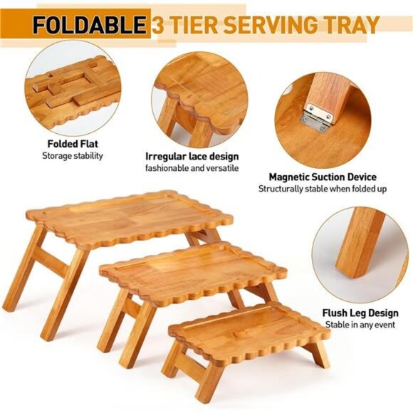 Wooden Foldable Cupcake Tier Stand 3 Tier Cupcake Tower Holder Irregular Edges - Picture 3 of 7